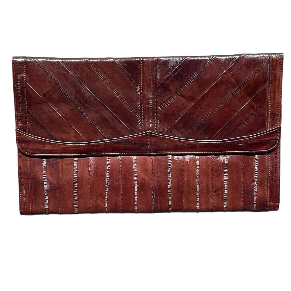 Vintage Burgandy Eel Skin Leather Envelope‎ Clutch Handbag Made In Korea EUC